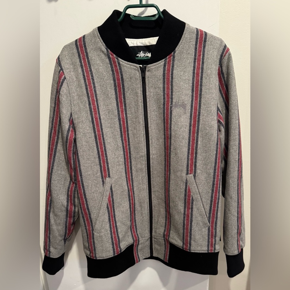 STUSSY wool bomber striped jacket slim hipster gray red street light street M